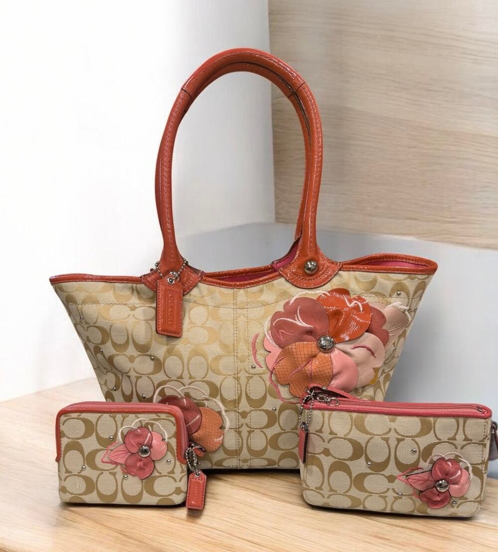 Y2K Coach F16276 Signature Floral Bleecker Tote 3 Piece Set